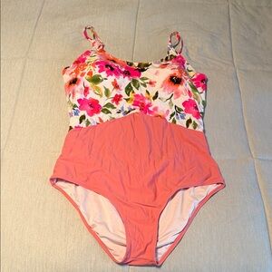Floral Print and Coral Pink One-Piece Swimsuit